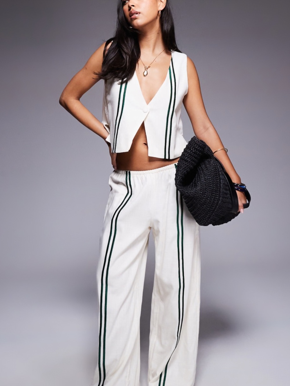 Princess Polly Cream Wide-Leg Pants with Green Side Stripes